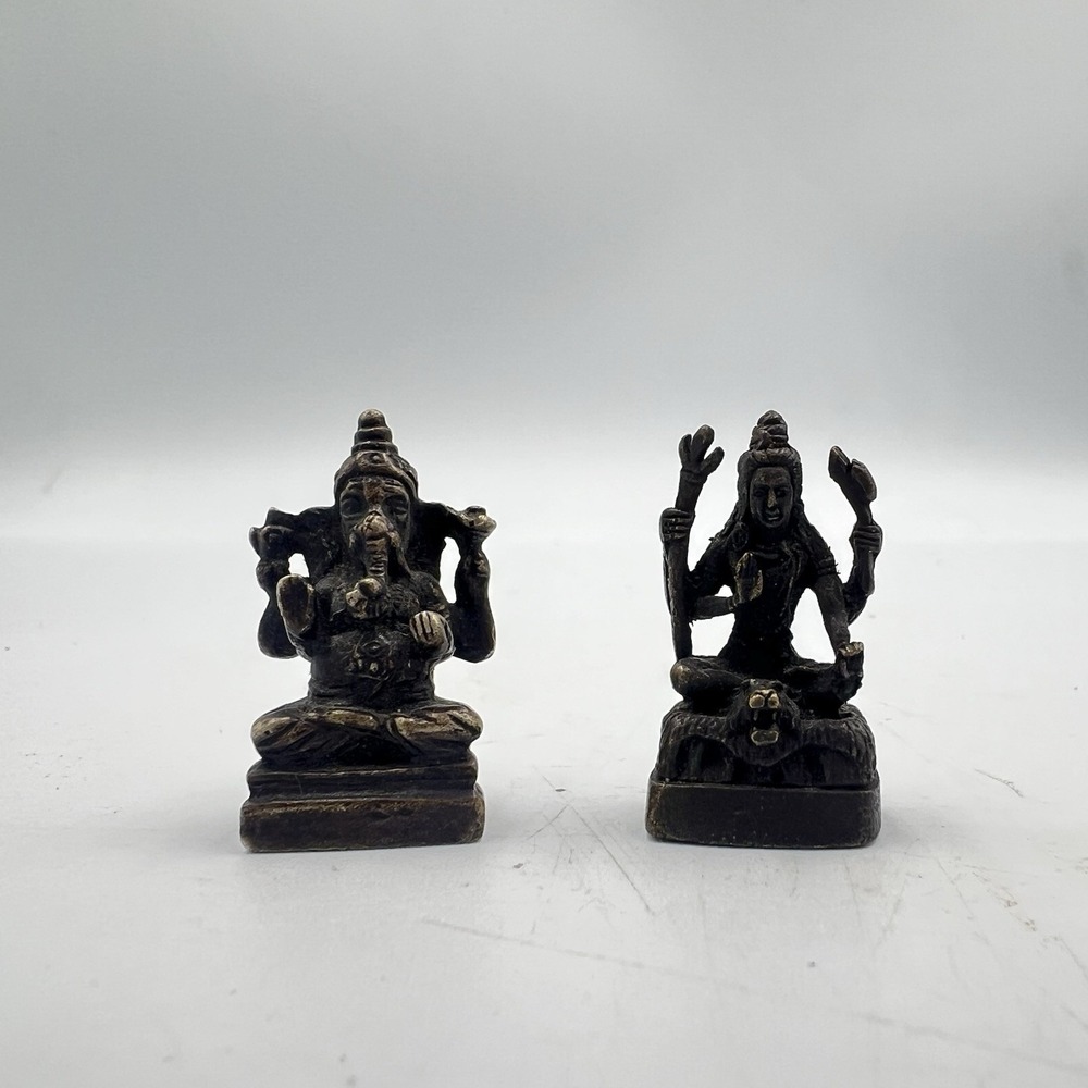 Vintage Hindu Bronze Mini Deity Figurines Ganesha & Shiva India 1.25" Tall